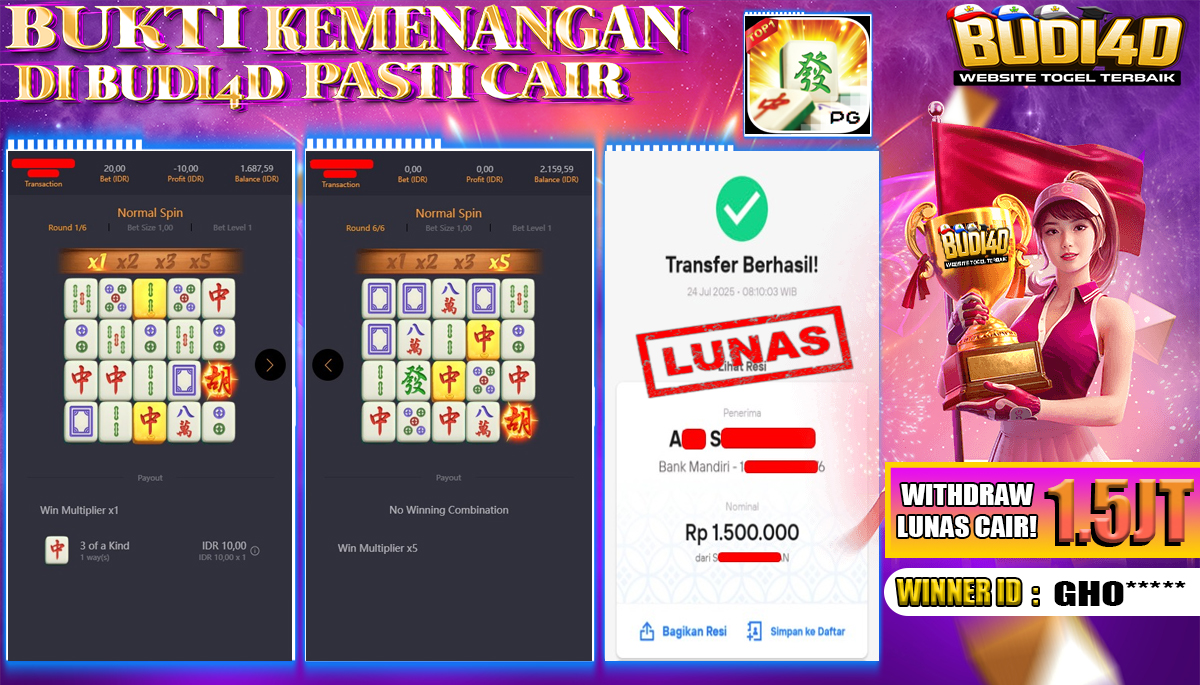 BUDI4D JACKPOT USERID: GHO*** SLOT PGSOFT MAHJONG WAYS Rp.1.500.000,- LUNAS